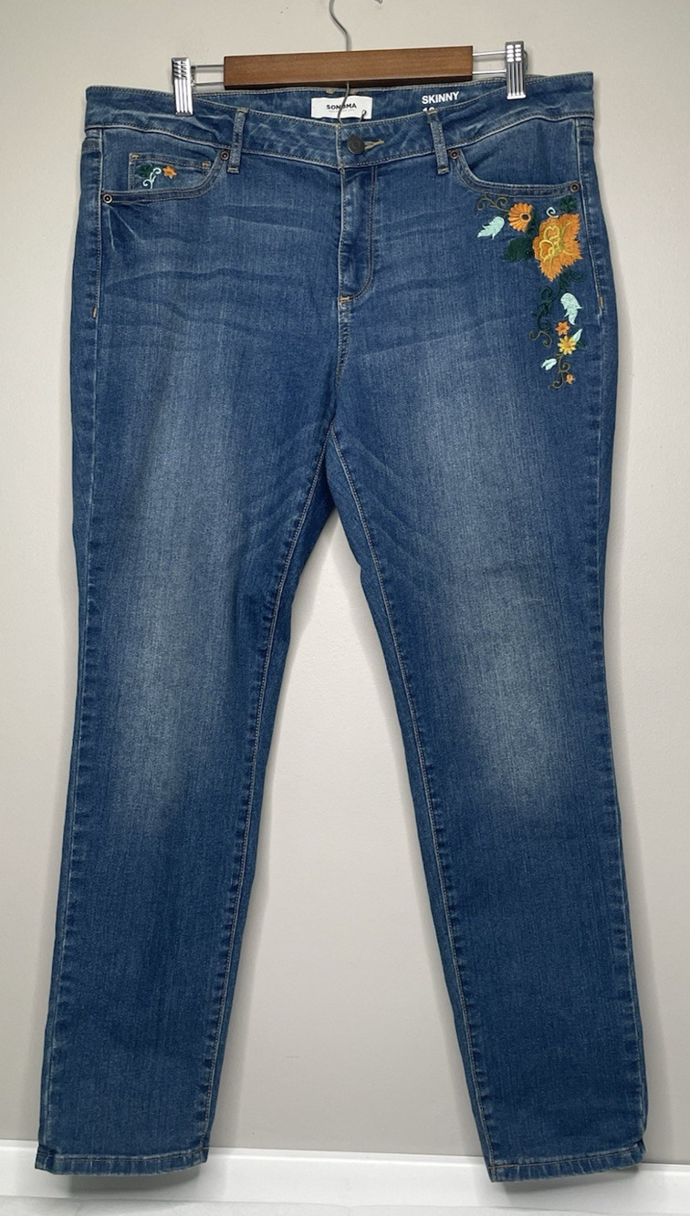 Floral Embroidered Sonoma Skinny Jeans Womens 16 Blue Stretch Mid Rise